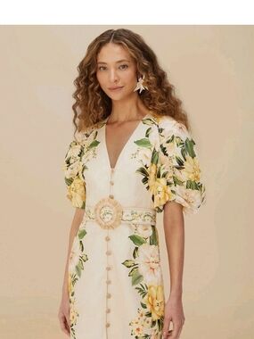 Farm Rio Garden Cascade Sand Puffy Sleeves Mini Dress M